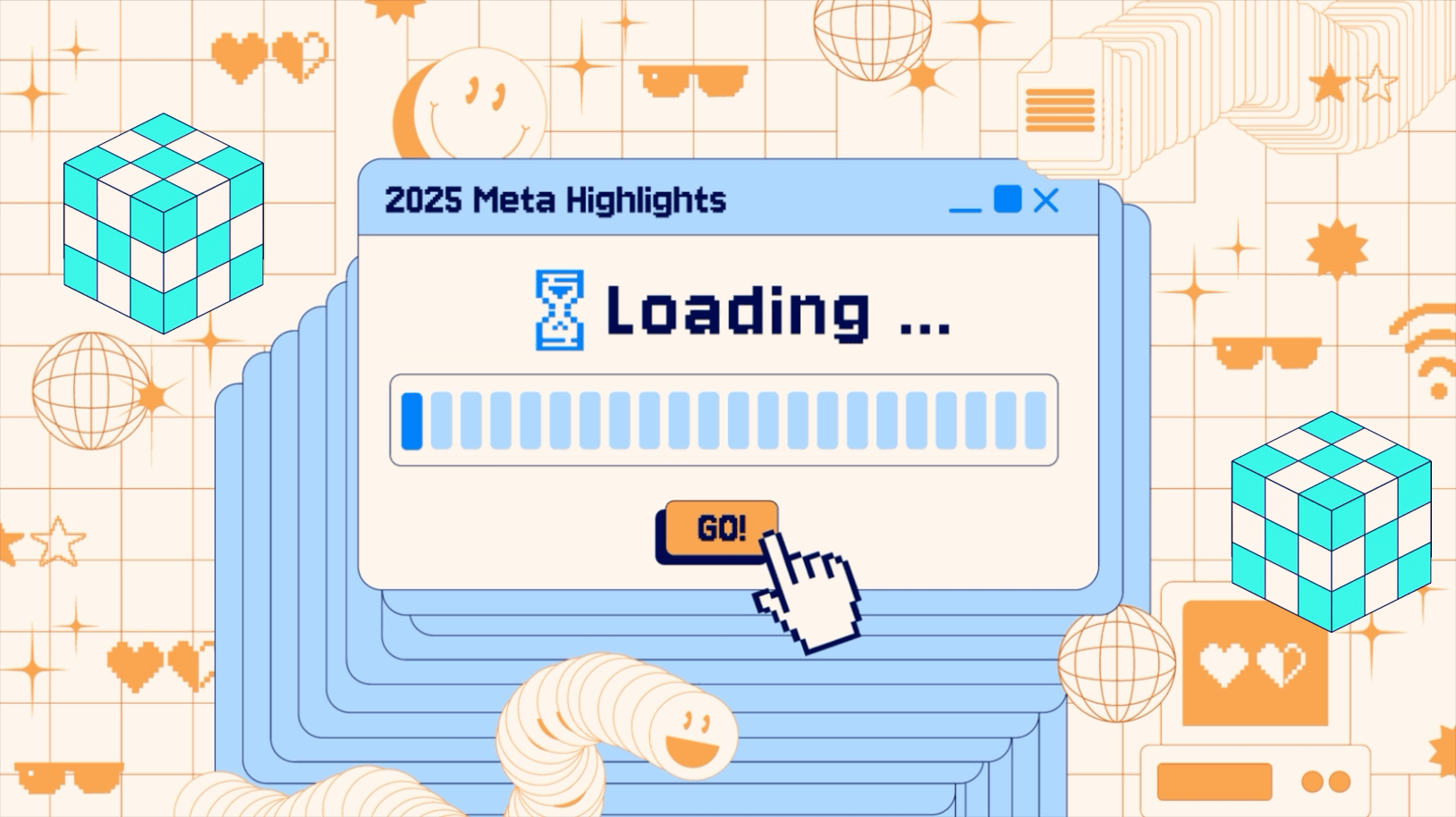 A browser window titled “2025 metaHighlights” with a loading bar and a “GO!” button being clicked.